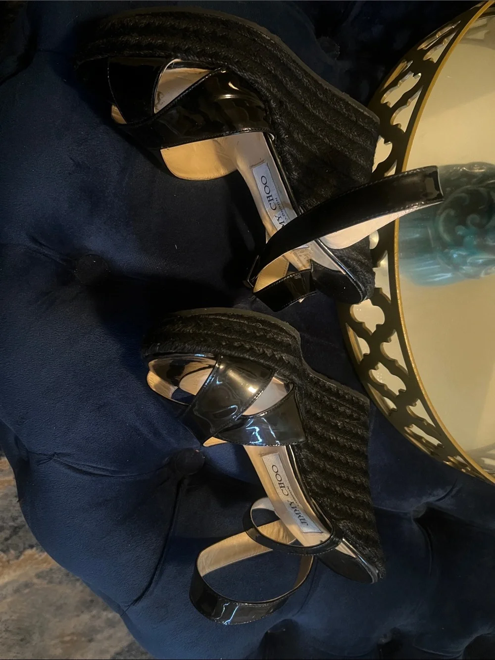 Jimmy Choo Black Patent Leather Crisscross Peep-Toe Heels with Ankle Strap
